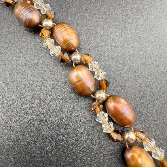 Freshwater Pearl & Crystal Double-Strand Toggle Bracelet With Metallic & Amber T - Picture 4 of 7